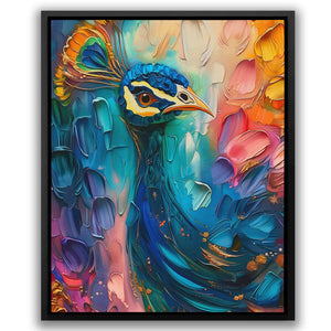 a painting of a colorful bird on a white background