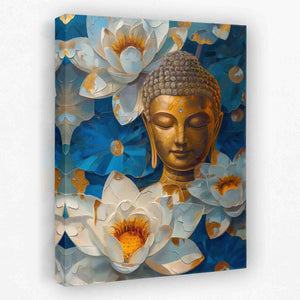 a painting of a buddha statue surrounded by flowers