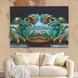 a painting of a blue and yellow alligator on a wall