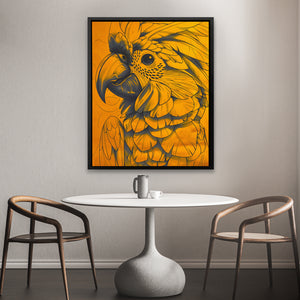 a painting of a parrot on a yellow background