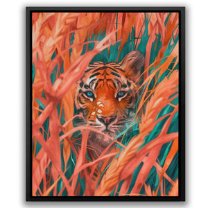 a painting of a tiger hiding in tall grass