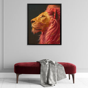 a painting of a lion on a wall above a bench