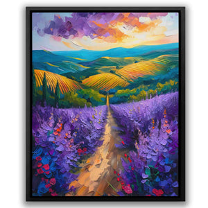a painting of a road going through a field of flowers