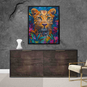 a painting of a leopard on a wall above a dresser