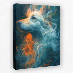 a painting of a white dog with orange and blue swirls