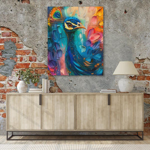 a painting hanging on a wall next to a sideboard