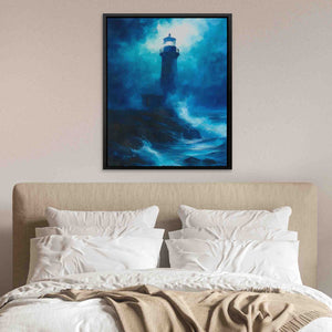 a painting of a lighthouse in the middle of the ocean