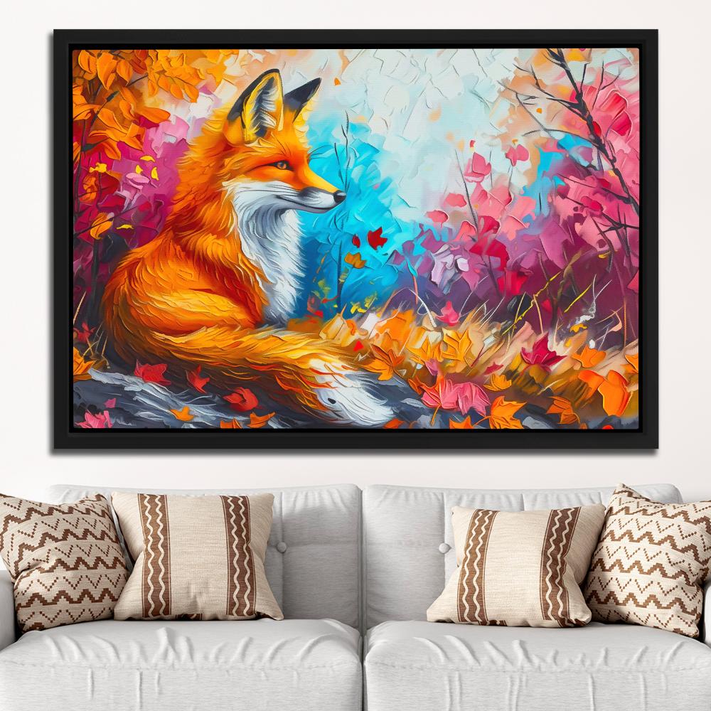 a painting of a fox sitting in a field of flowers