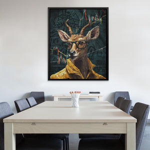 a painting of a deer wearing glasses and a yellow shirt