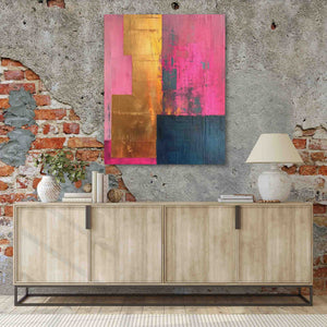 a painting hanging on a wall next to a sideboard