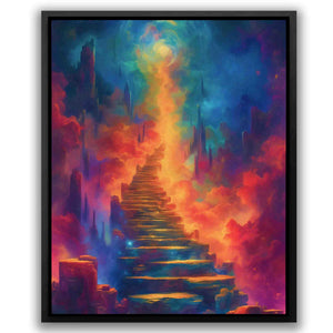 a painting of a stairway leading to a bright sky