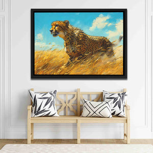 a painting of a cheetah running through a field