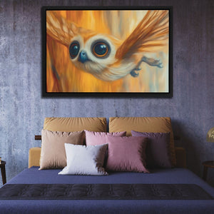 a painting of a bird on a wall above a bed