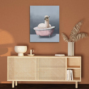 a painting of a llama in a pink bathtub