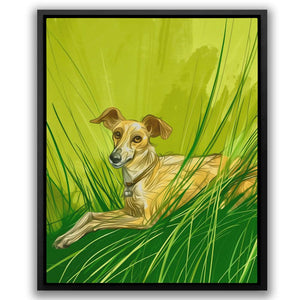 a painting of a dog laying in the grass