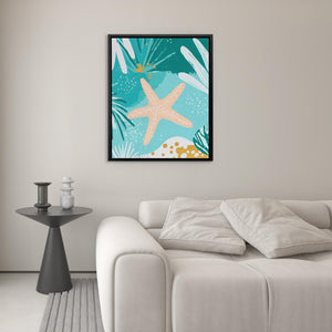 a living room with a white couch and a starfish on the wall