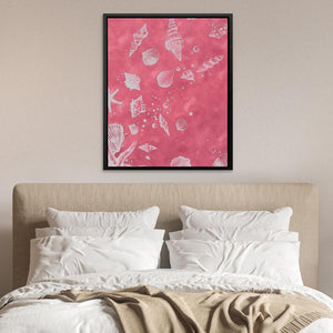 a bed with a white comforter and a pink painting on the wall