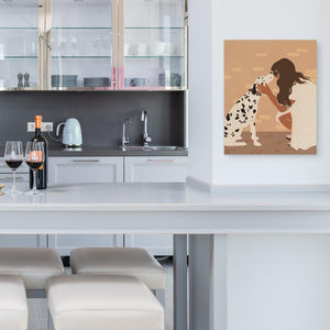 a picture of a dog on a wall in a kitchen