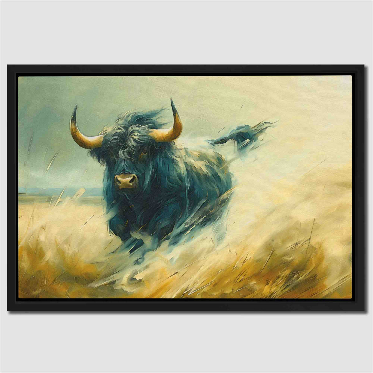a painting of a bull running through a field