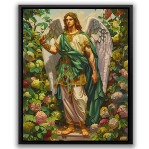 a painting of an angel surrounded by flowers