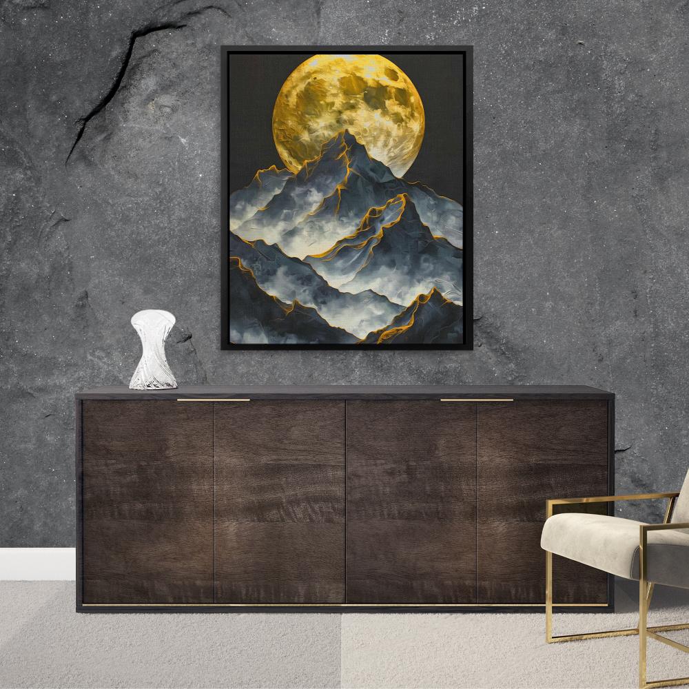 a painting of a mountain with a full moon in the background