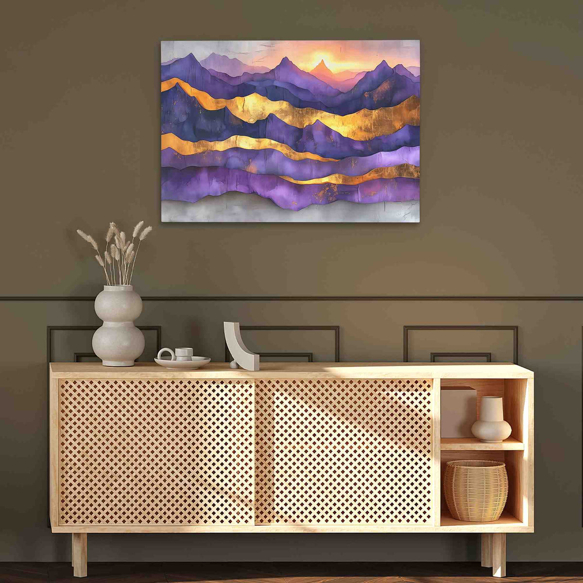 a painting hanging on a wall above a wooden cabinet