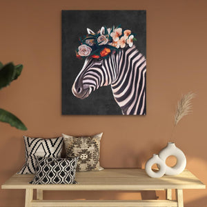 a painting of a zebra with flowers on its head