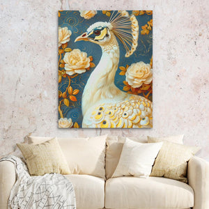 a painting of a peacock on a wall above a couch