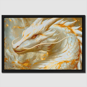 a painting of a white dragon with orange eyes