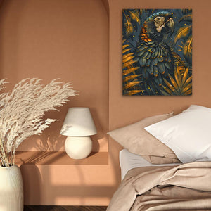 a bedroom with a bed and a painting on the wall