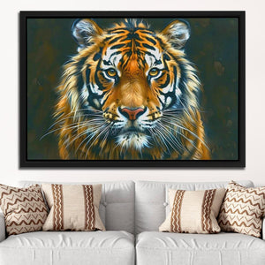 a painting of a tiger on a wall above a couch