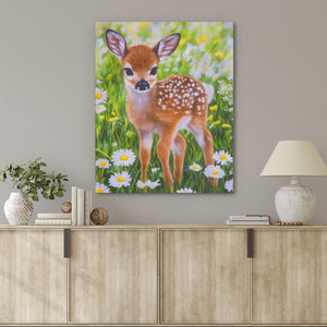 a painting of a baby deer in a field of daisies