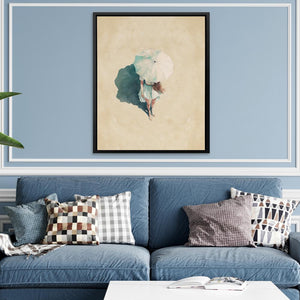 a living room with a blue couch and a painting on the wall