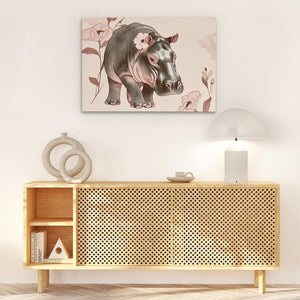 a picture of a hippo on a wall above a wooden cabinet