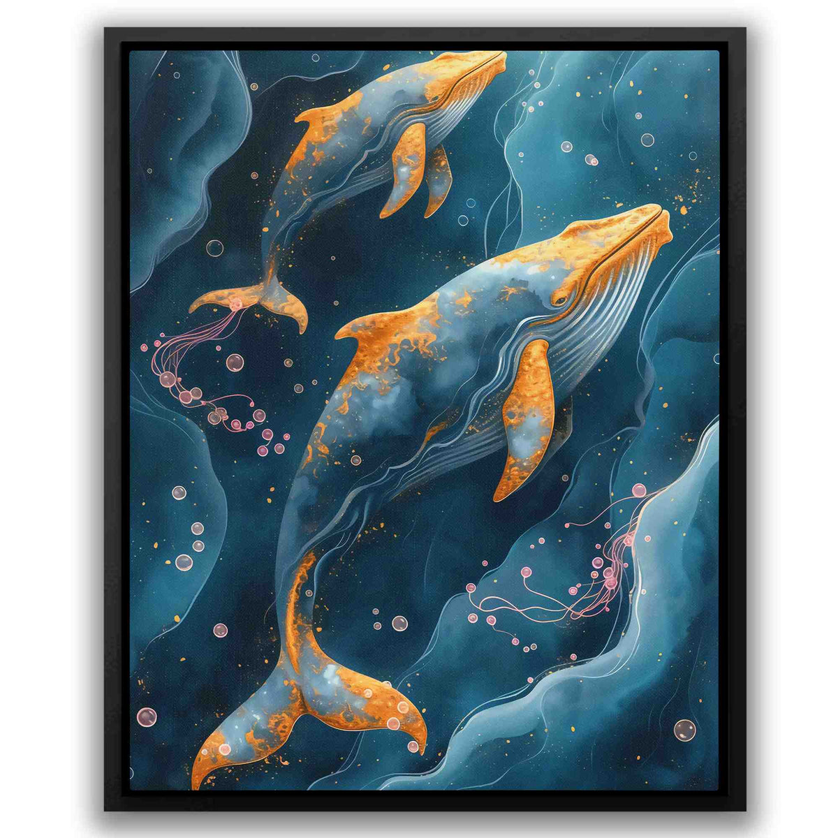 a painting of two dolphins swimming in the ocean