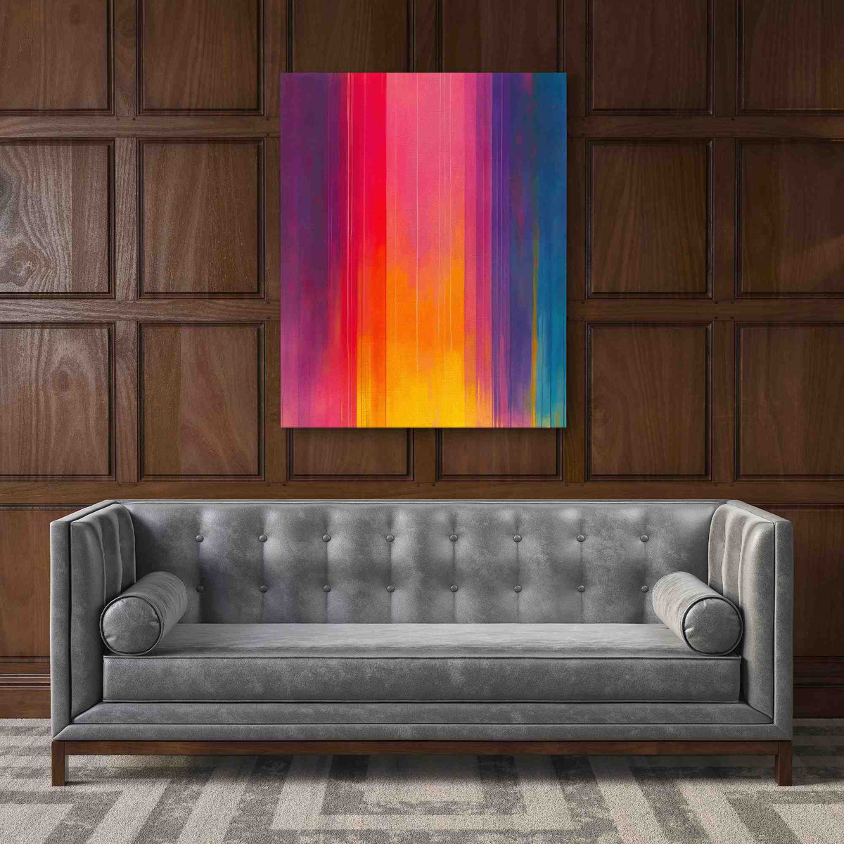 a living room with a couch and a painting on the wall