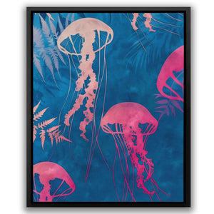 a painting of jellyfish in pink and blue