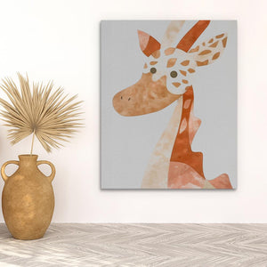 a painting of a giraffe on a wall next to a potted plant