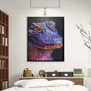 a painting of a blue dragon on a wall above a bed