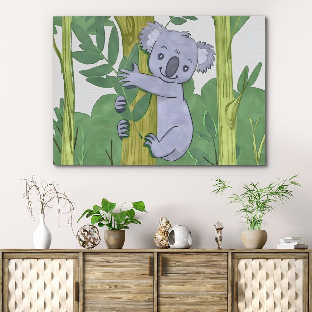 a painting of a koala bear climbing a tree