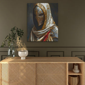 a painting of a person wearing a gold and silver outfit