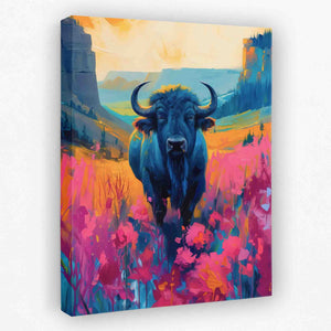 a painting of a bull in a field of flowers