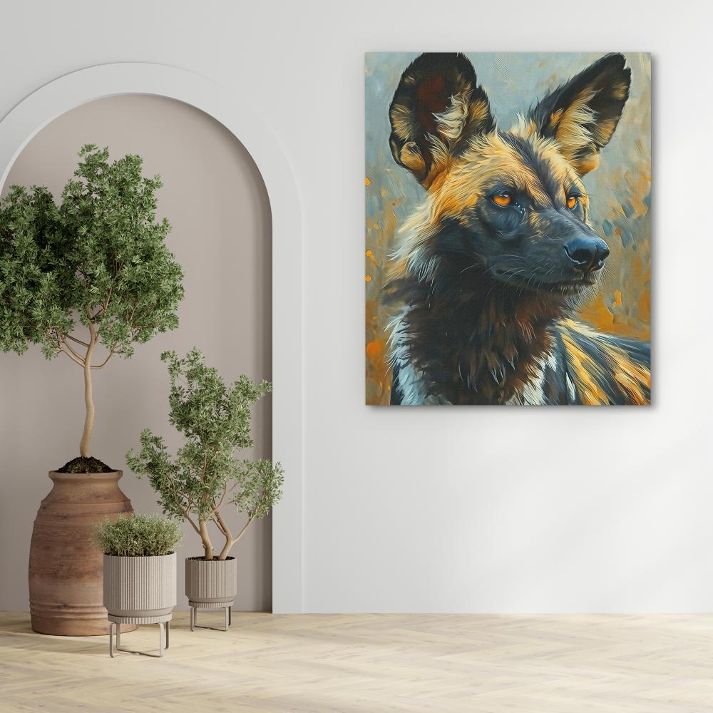 a painting of a wild dog on a canvas