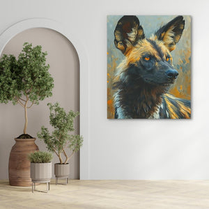 a painting of a dog on a wall next to a potted plant
