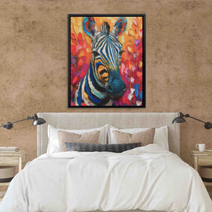 a bedroom with a zebra painting on the wall
