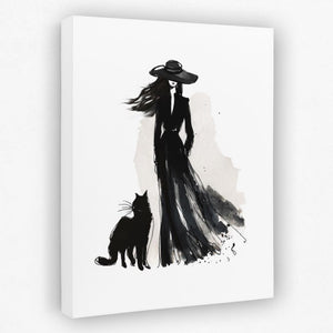 a black and white painting of a woman and a cat