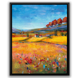 a painting of a field with a house in the distance