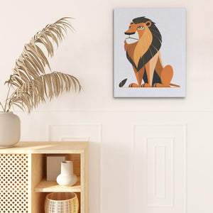 a picture of a lion on a wall next to a potted plant