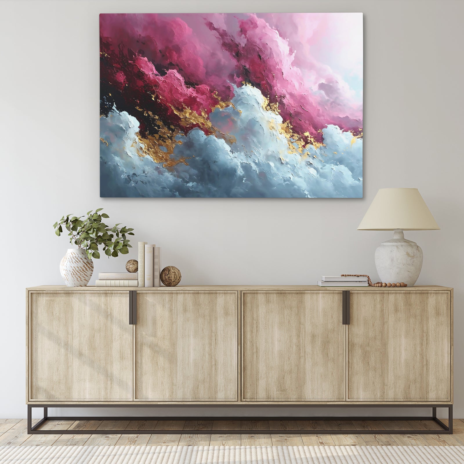 a painting hanging on a wall above a dresser