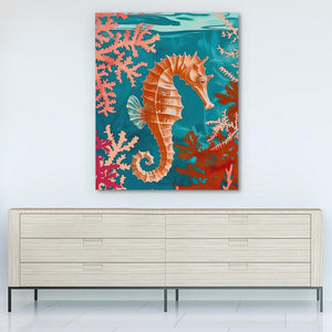 a painting of a sea horse on a wall above a dresser